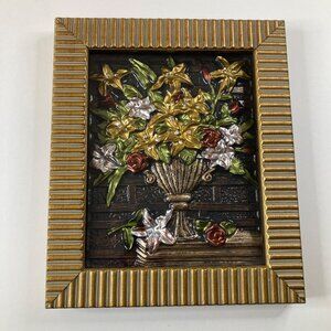 3D Tin Flowers‎ Vase Inlay Picture Shadow Box Chalkware Frame 10 x 12"